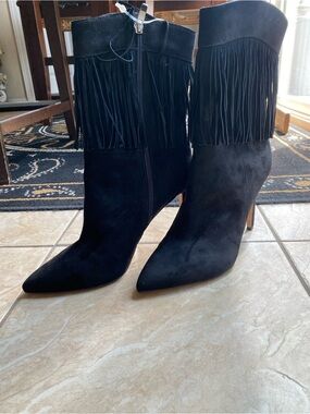 Nine West Black Suede Fringe Stiletto Ankle Boots